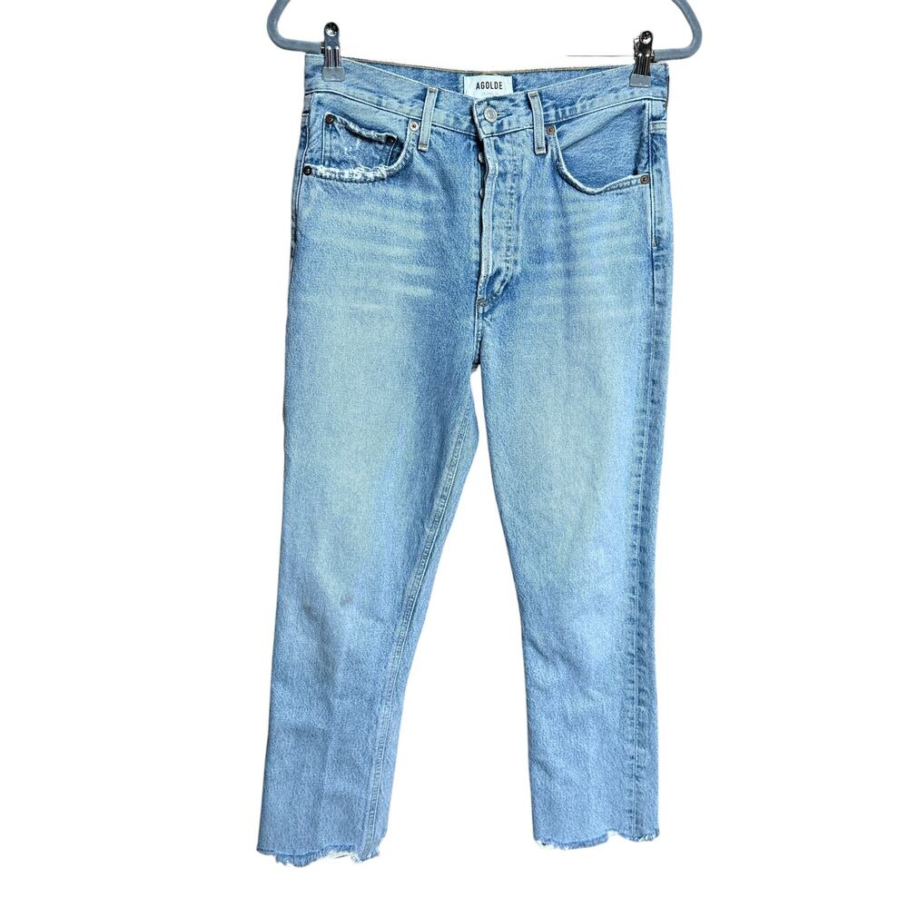 AGOLDE Riley Crop Jeans 26 High Rise Straight Leg Raw Hem Organic Cotton Blue